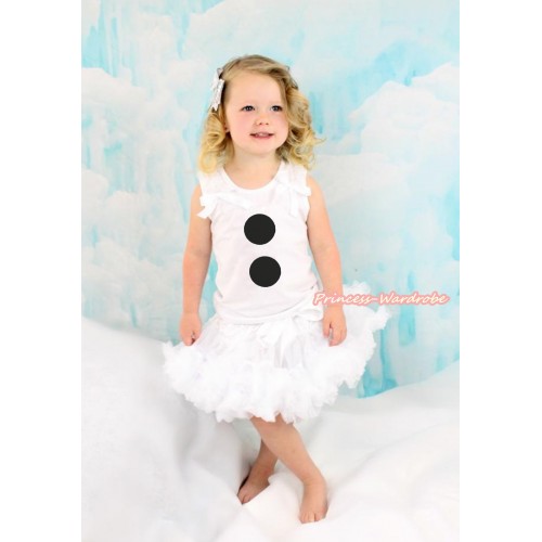 White Tank Top with White Ruffles & White Bow with Olaf Button Print & White Pettiskirt MG1234